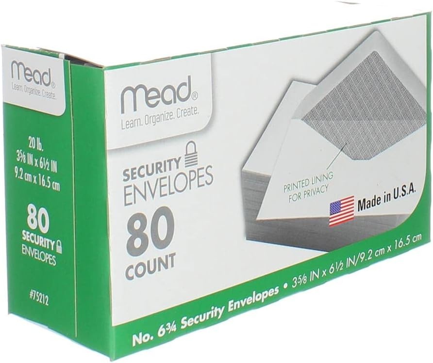 image:imageMead 634 Envelopes 358 x 612 Security Printed Lining for Privacy Gummed Closure White AllPurpose 20lb Paper Mailing Envelopes 80 Count 75212White