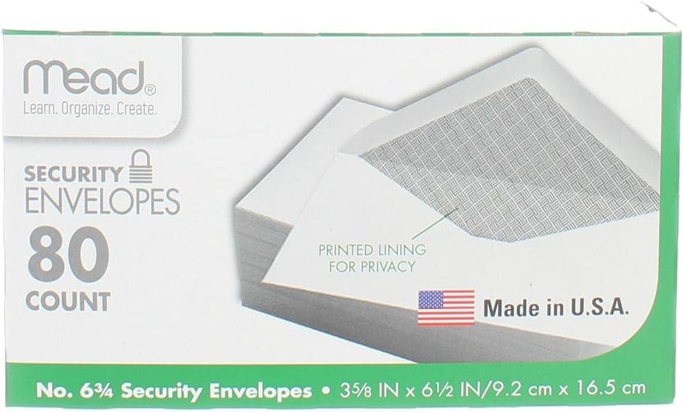image:imageMead 634 Envelopes 358 x 612 Security Printed Lining for Privacy Gummed Closure White AllPurpose 20lb Paper Mailing Envelopes 80 Count 75212White