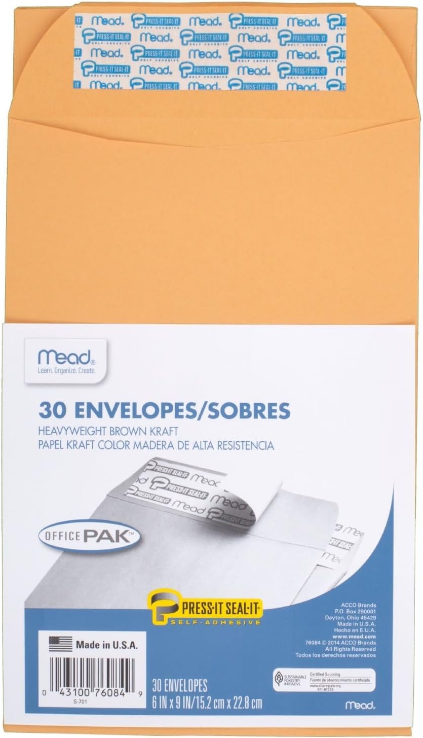 image:imageMead Envelopes Letter Size 6 x 9 PressIt SealIt Self Adhesive Closure Brown Kraft AllPurpose 24lb Paper Mailing Envelopes 30 Count 760846 x 9 30count Pack of 12