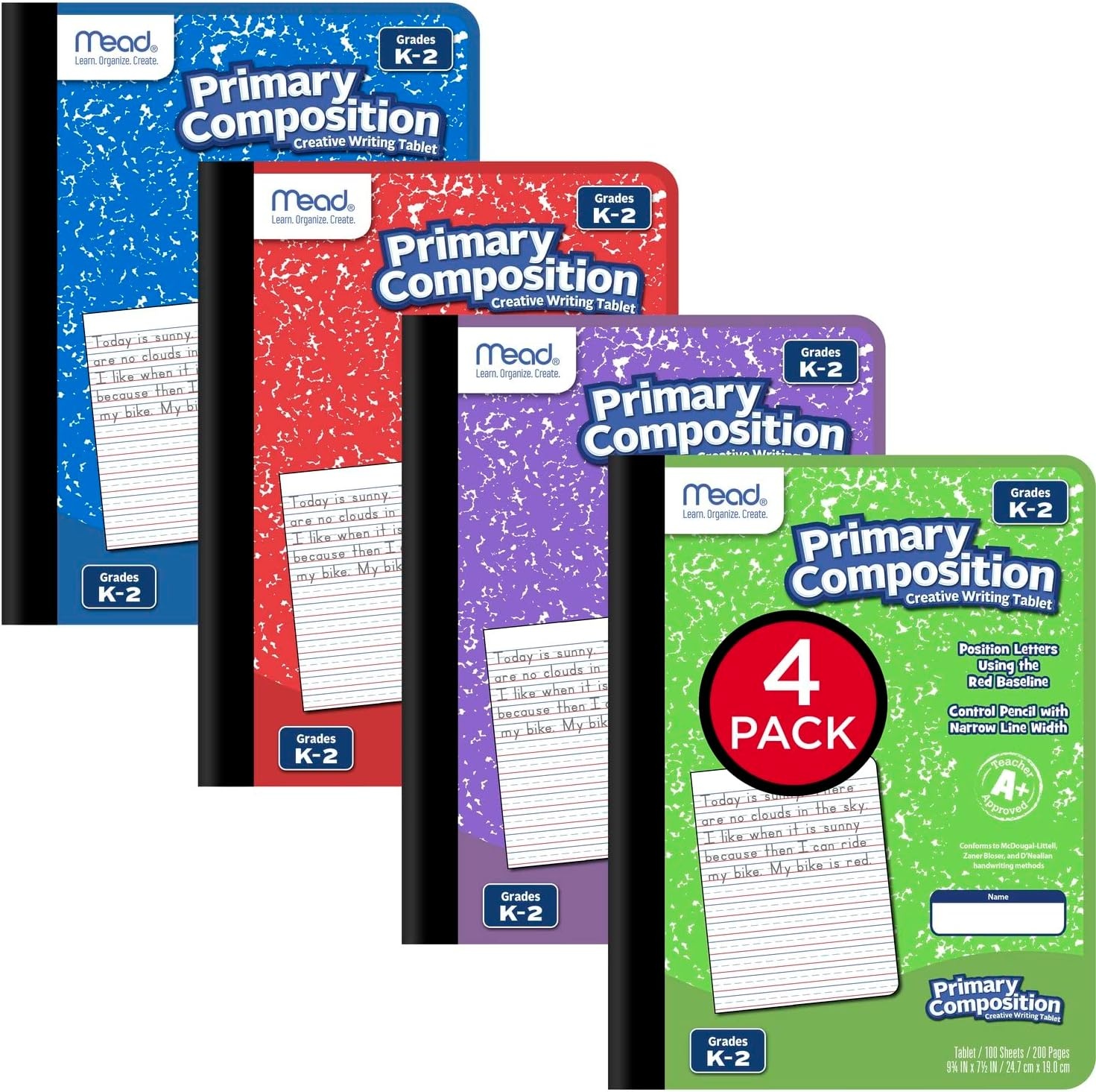 image:imageMead Primary Composition Book 4 Pack Primary Ruled Journal Grades K2 712 x 934 100 Sheets per Comp Book Assorted Colors 610053ECMGrades K2