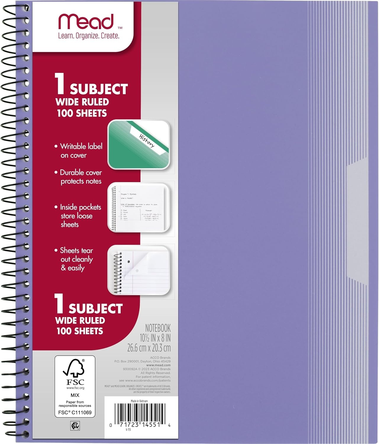 image:imageMead Spiral Notebook 1 Subject Wide Ruled Paper Plastic Cover 8 x 1012 100 Sheets Pastel Lilac 930092DPastel Lilac