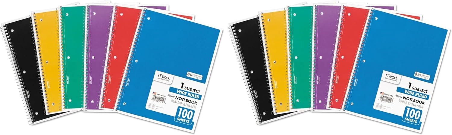 image:imageMead Spiral Notebook 4 Pack 1 Subject Wide Ruled Paper 712 x 1012 70 Sheets per Notebook Colors Will Vary 930200ECM25Color Selected For You