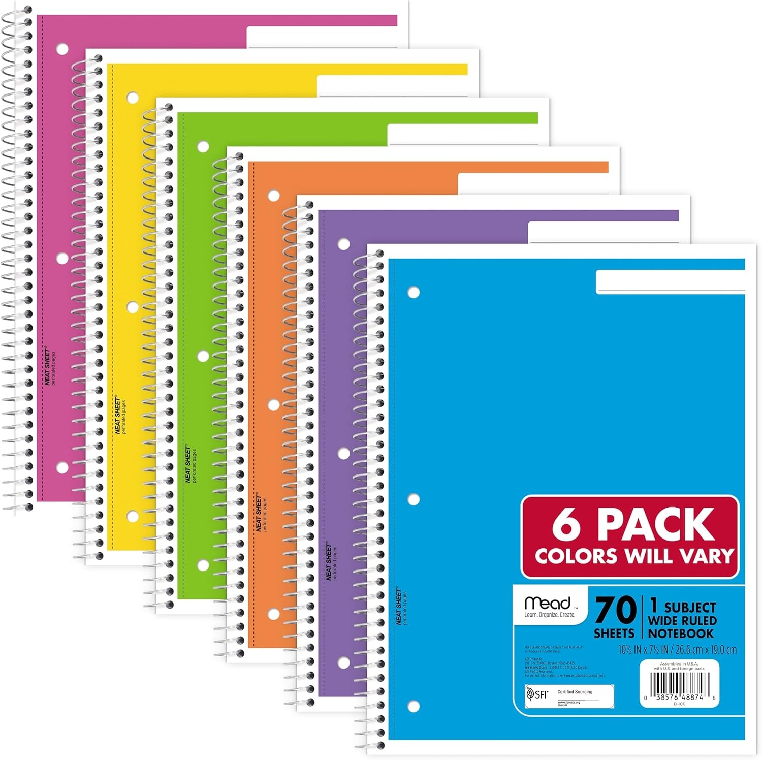 image:imageMead Spiral Notebook 6 Pack 1 Subject College Ruled Paper 712 x 1012 70 Sheets per Notebook Assorted Pastel Colors 830049Assorted Bright