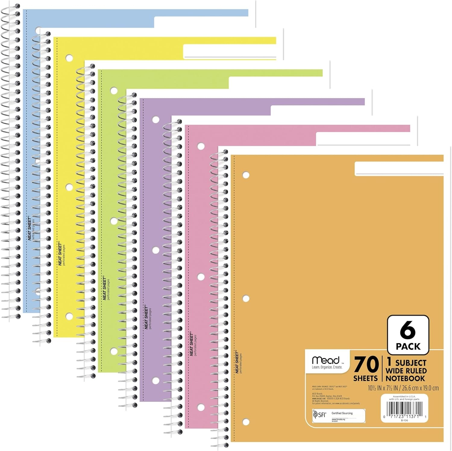 image:imageMead Spiral Notebook 6 Pack 1 Subject College Ruled Paper 712 x 1012 70 Sheets per Notebook Assorted Pastel Colors 830049Assorted Pastel