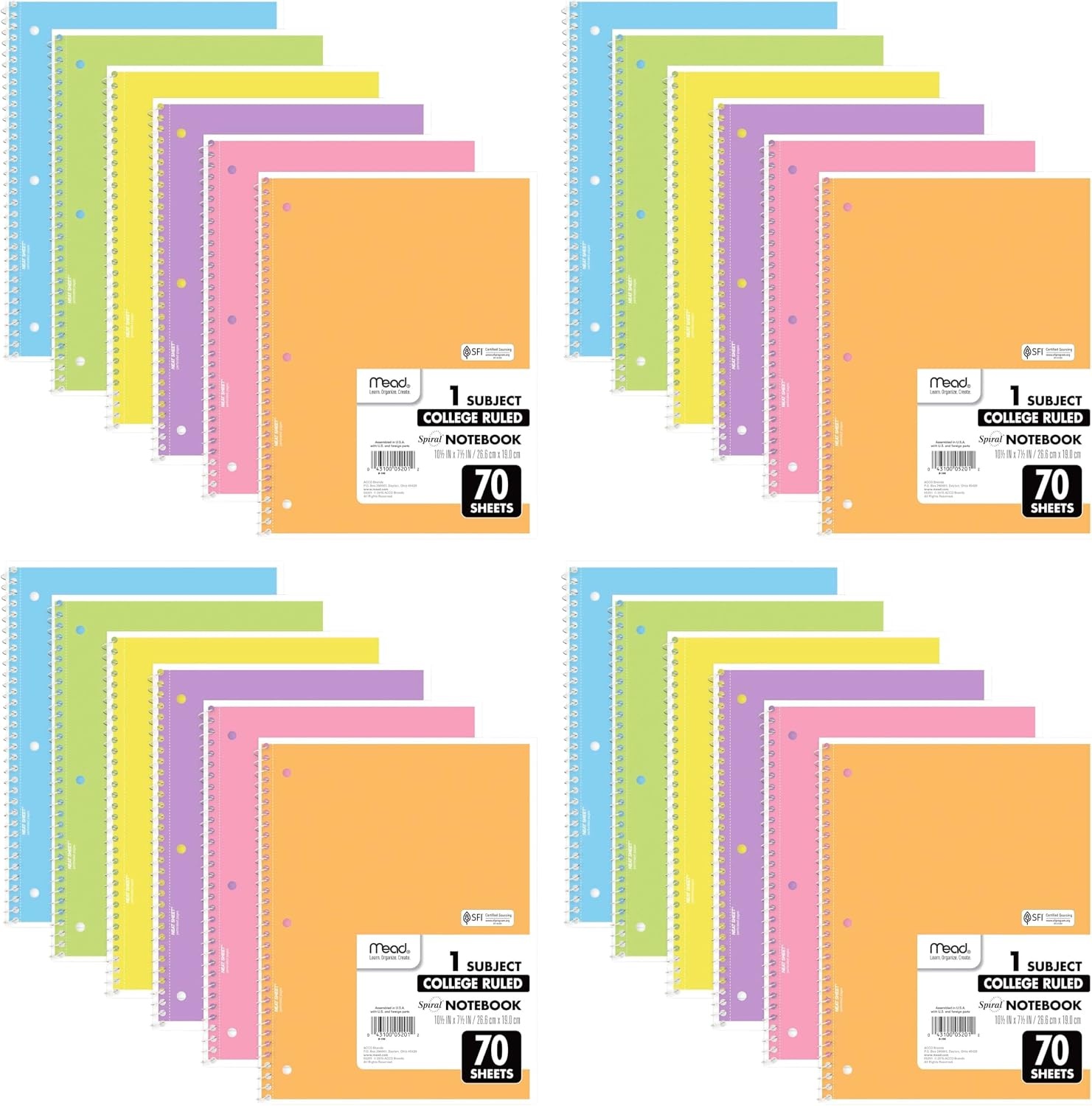 image:imageMead Spiral Notebook 6 Pack 1 Subject College Ruled Paper 712 x 1012 70 Sheets per Notebook Assorted Pastel Colors 830049Assorted Pastel