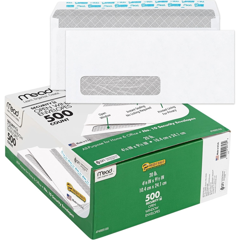 image:imageMead 10 Envelopes Letter Size 418 x 912 Security Printed Lining for Privacy PressIt SealIt Self Adhesive Closure Left Viewing Window Mailing Envelopes 500 Count 742022One Size