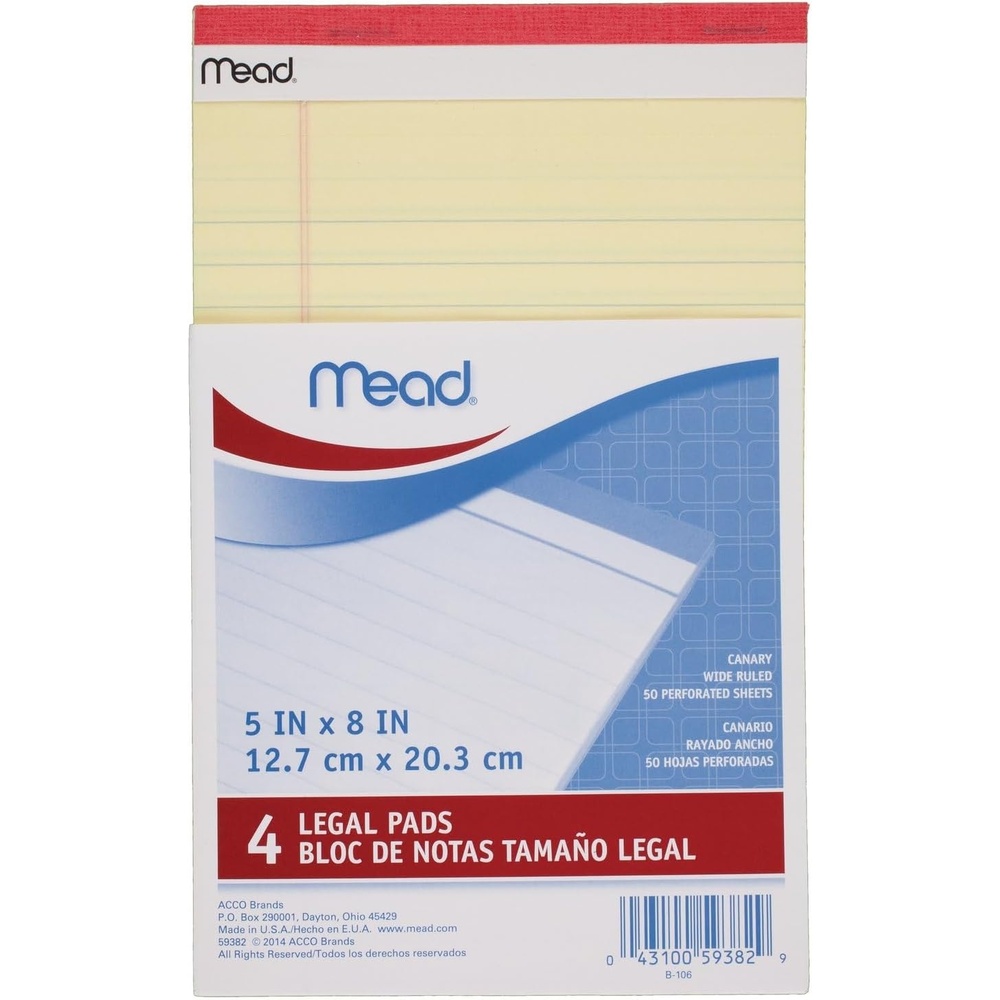 image:imageMead Canary Junior Legal Pads 5 x 8 Inch 4 Pack 50 Sheets 593825 x 8