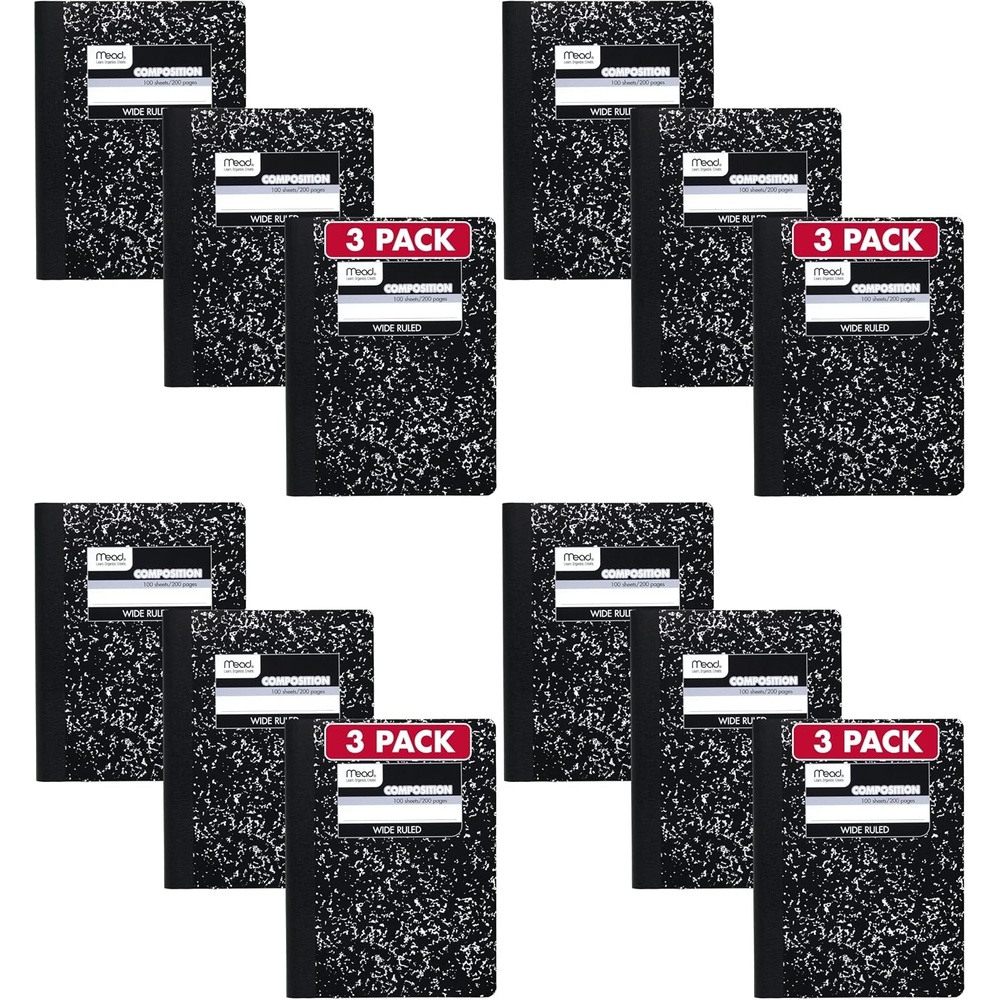 image:imageMead Composition Notebook Wide Ruled Paper 75 x 975 100 Sheets Black Marble 099103 Count Pack of 4