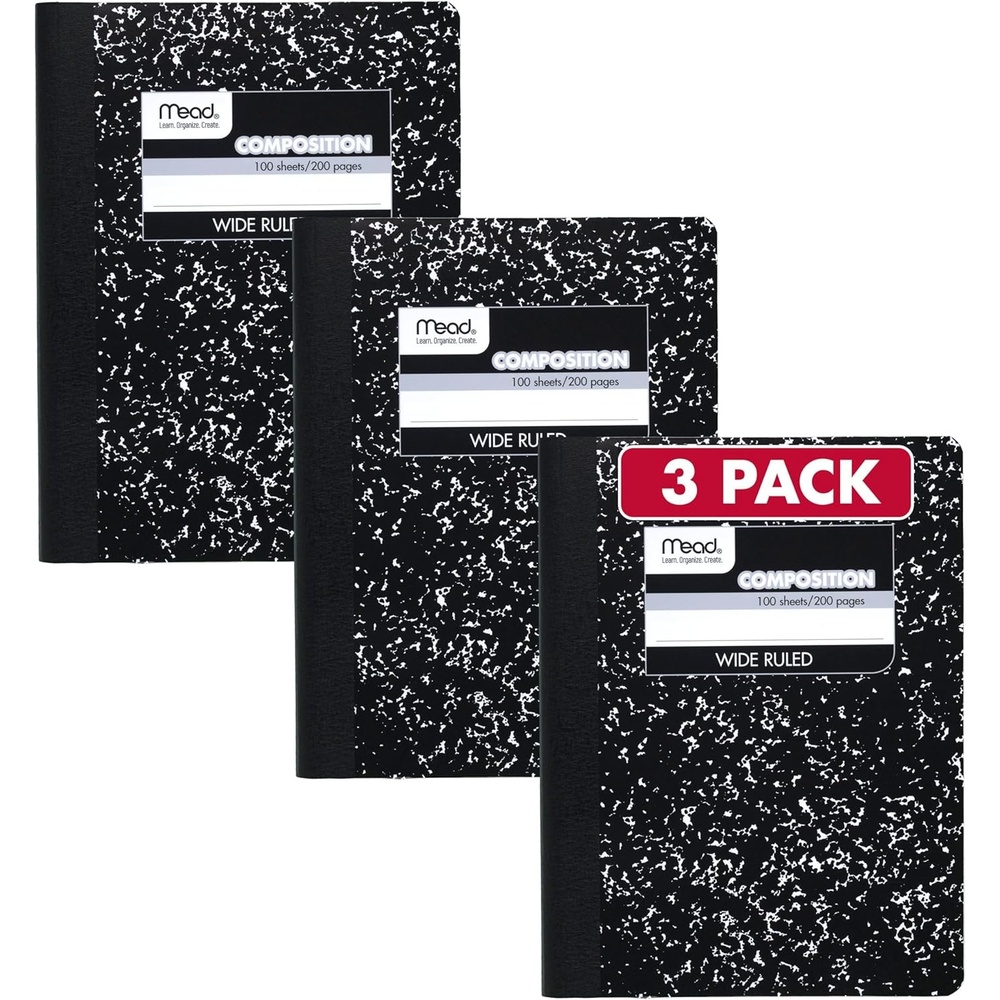 image:imageMead Composition Notebook Wide Ruled Paper 75 x 975 100 Sheets Black Marble 09910Pack of 3