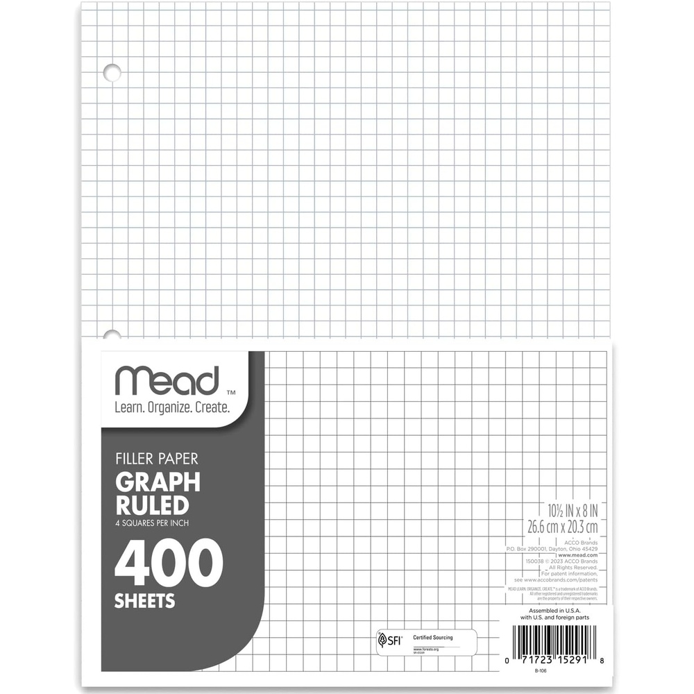 image:imageMead Loose Leaf Paper Graph Ruled Filler Notebook Paper 8 x 1012 400 Sheets Fits 3Ring Binder 150038ECM400 CT