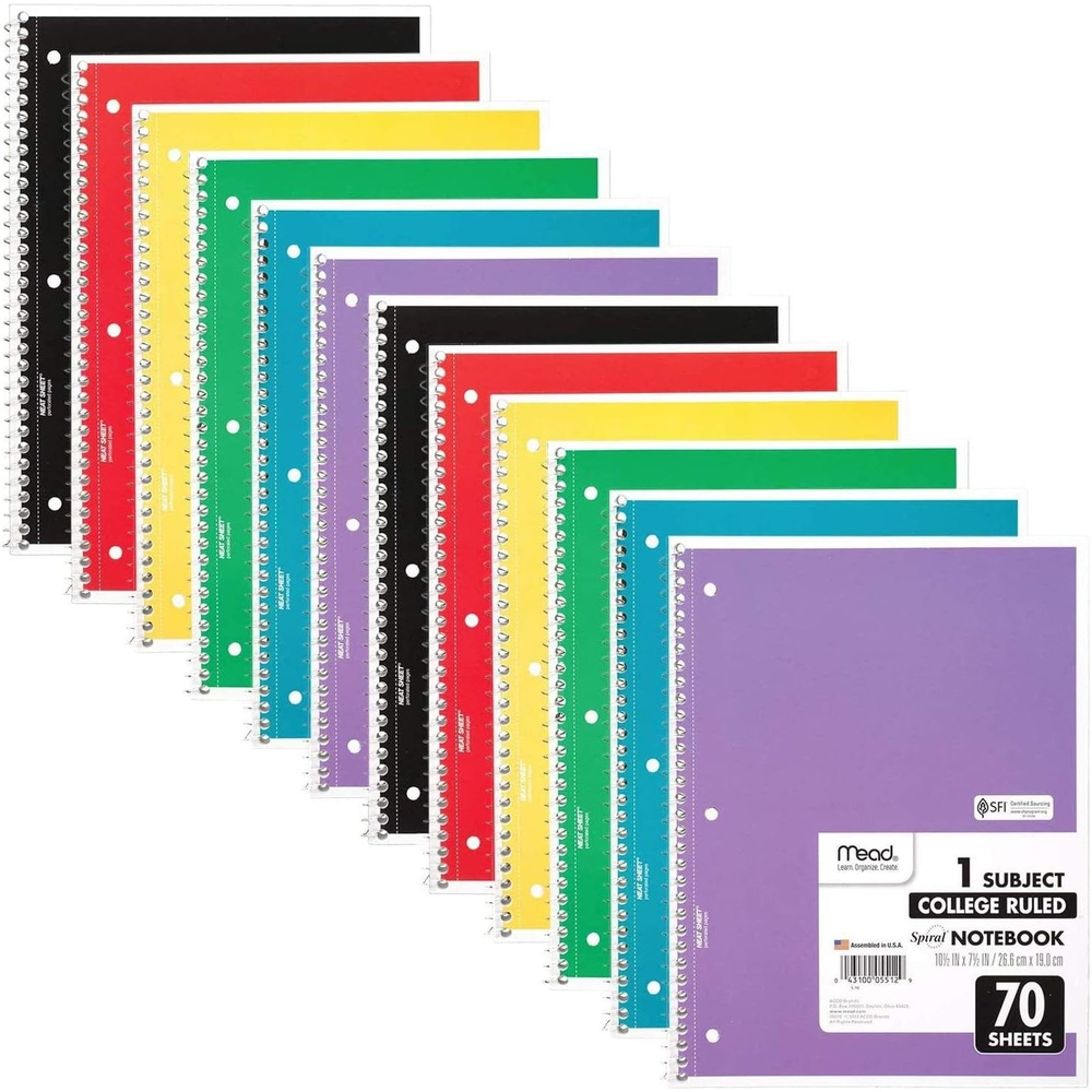 image:imageMead Spiral Notebook 1 Subject College Ruled Paper 712 x 1012 70 Sheets per Notebook Colors Will Vary 6 Pack 73065Pack of 12