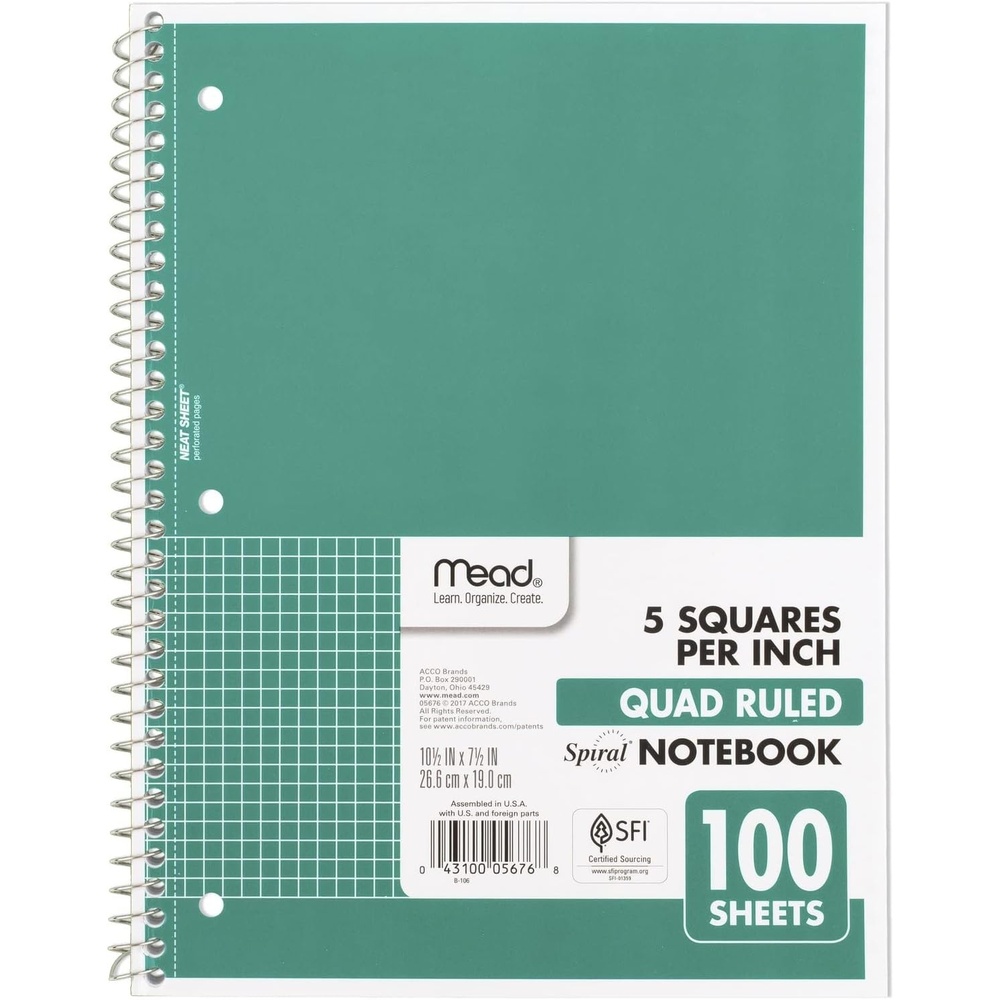image:imageMead Spiral Notebook 1 Subject Graph Ruled Paper 712 x 1012 100 Sheets Green 05676AC5Green