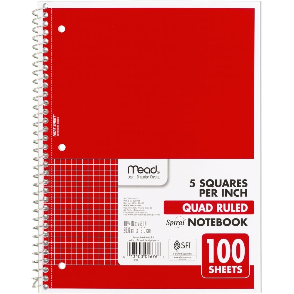image:imageMead Spiral Notebook 1 Subject Graph Ruled Paper 712 x 1012 100 Sheets Green 05676AC5Red