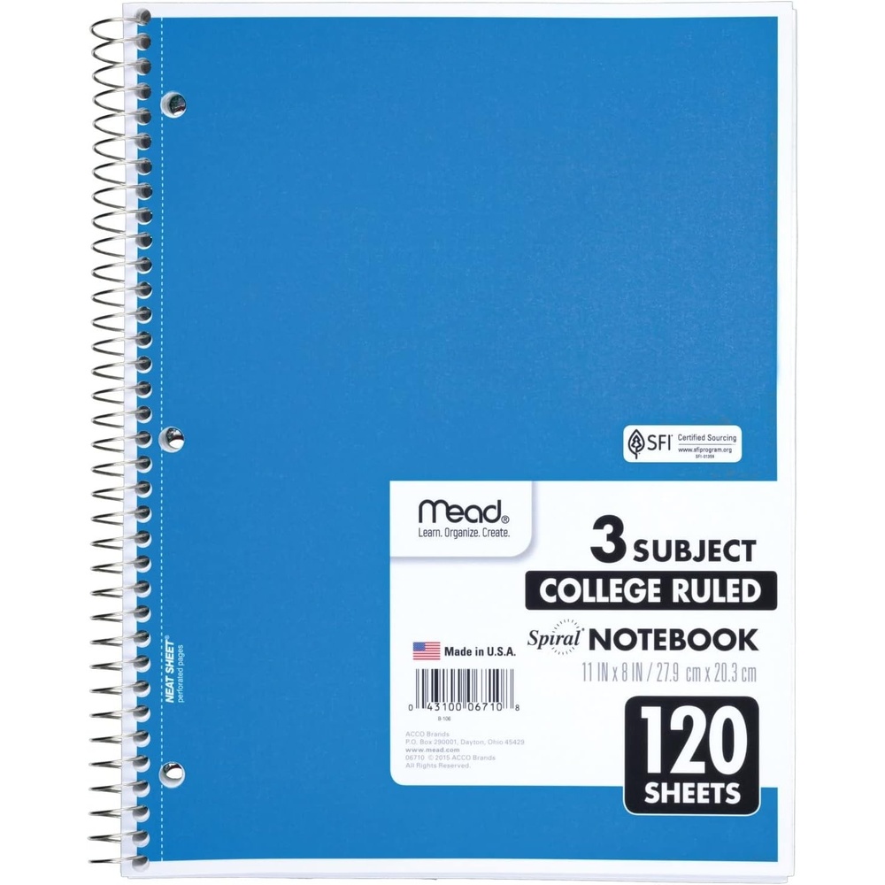 image:imageMead Spiral Notebook 3 Subject College Ruled Paper 8 x 11 120 Sheets Color Will Vary 82039425