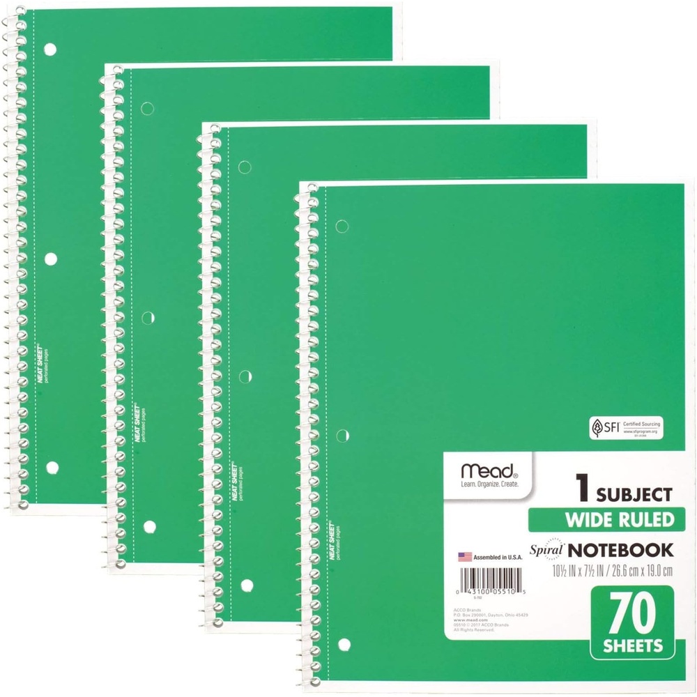 image:imageMead Spiral Notebook 4 Pack 1 Subject Wide Ruled Paper 712 x 1012 70 Sheets per Notebook Colors Will Vary 930200ECM25Green