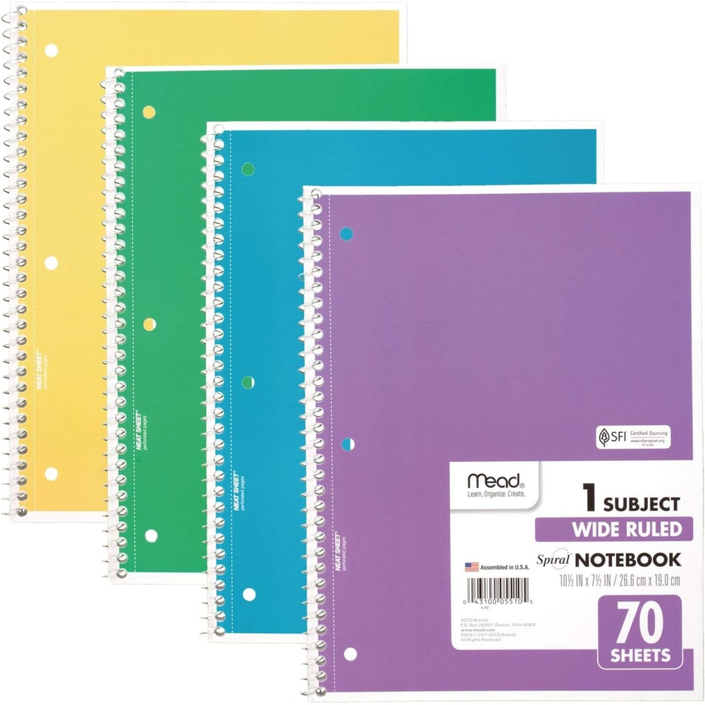 image:imageMead Spiral Notebook 4 Pack 1 Subject Wide Ruled Paper 712 x 1012 70 Sheets per Notebook Colors Will Vary 930200ECM25Primary Colors