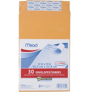 Mead Envelopes, Letter Size, 6″ x 9″, Press-It Seal-It Self Adhesive Closure, Brown Kraft All-Purpose 24-lb Paper Mailing Envelopes, 30 Count (76084)(6″ x 9″ / 30-count)