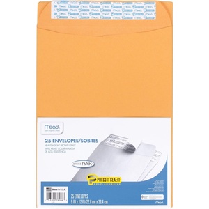 Mead Envelopes, Letter Size 9″ x 12″, Press-It Seal-It Self Adhesive Closure, Brown Kraft All-Purpose 24-lb Paper, Manila Mailing Envelopes, 25 Count (76086)(9 in. x 12 in. / 25-count)