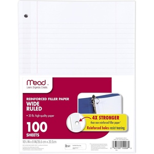 Mead Loose Leaf Paper, Wide Ruled Filler Notebook Paper, 8″ x 10-1/2″, 200 Sheets, Fits 3-Ring Binder (15200)(White)