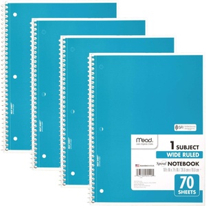 Mead Spiral Notebook, 4 Pack, 1 Subject, Wide Ruled Paper, 7-1/2″ x 10-1/2″, 70 Sheets per Notebook, Colors Will Vary (930200-ECM25)(Blue)