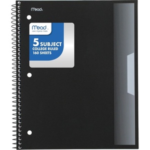 Mead Spiral Notebook, 5 Subject, College Ruled Paper, Plastic Cover, 8-1/2″ x 11″, 160 Sheets, Black (820206FE)(Black)
