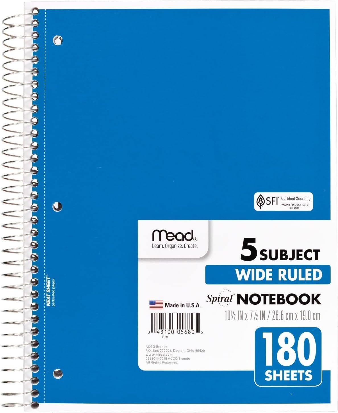 image:imageMead Spiral Notebook 5 Subject Wide Ruled Paper 712x 1012 180 Sheets Color Will Vary 93020525Pack of 1