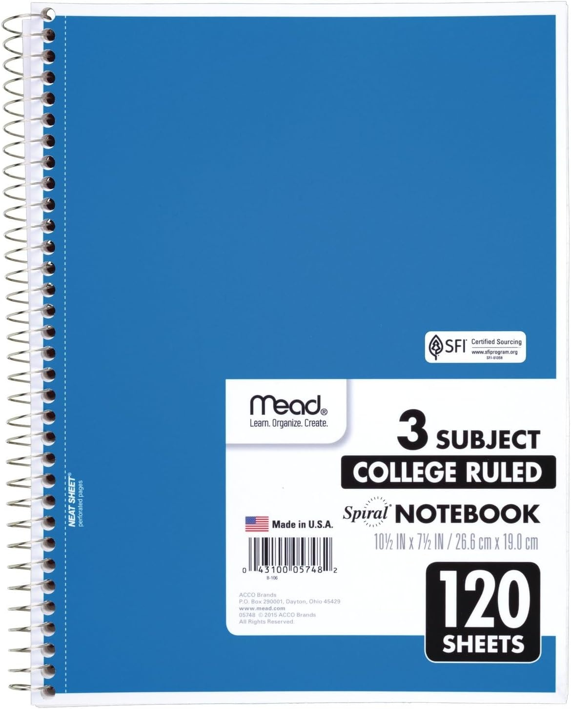image:imageMead Spiral Notebook 5 Subject Wide Ruled Paper 712x 1012 180 Sheets Color Will Vary 93020525Pack of 1