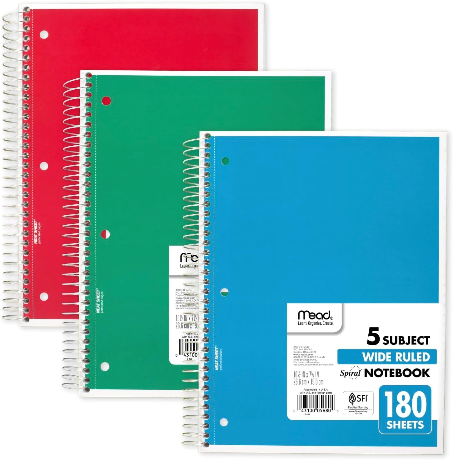 image:imageMead Spiral Notebook 5 Subject Wide Ruled Paper 712x 1012 180 Sheets Color Will Vary 93020525Pack of 1