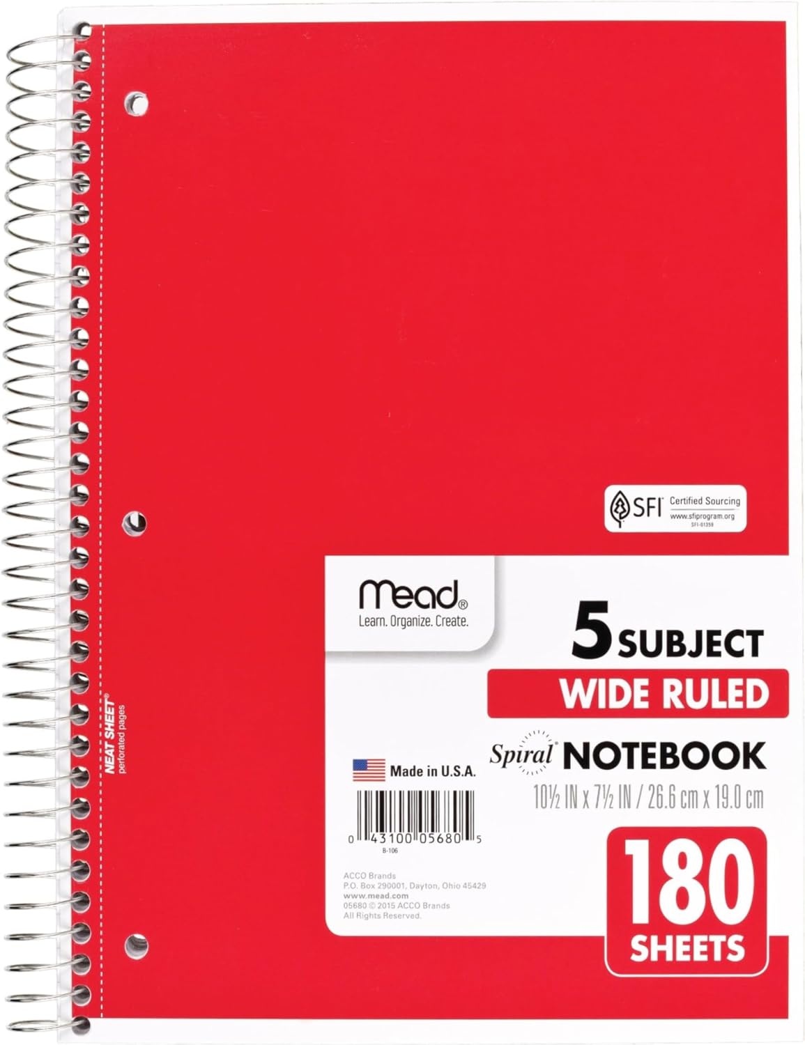 image:imageMead Spiral Notebook 5 Subject Wide Ruled Paper 712x 1012 180 Sheets Color Will Vary 93020525Pack of 1
