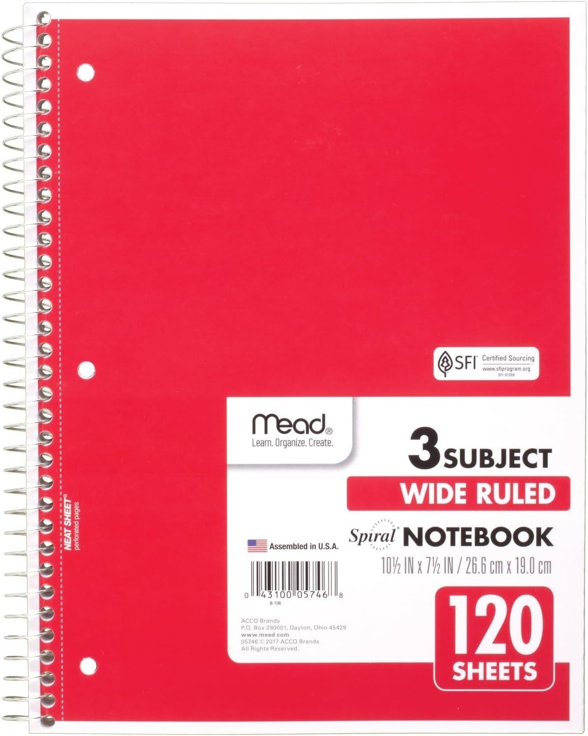 image:imageMead Spiral Notebook 5 Subject Wide Ruled Paper 712x 1012 180 Sheets Color Will Vary 93020525Pack of 1