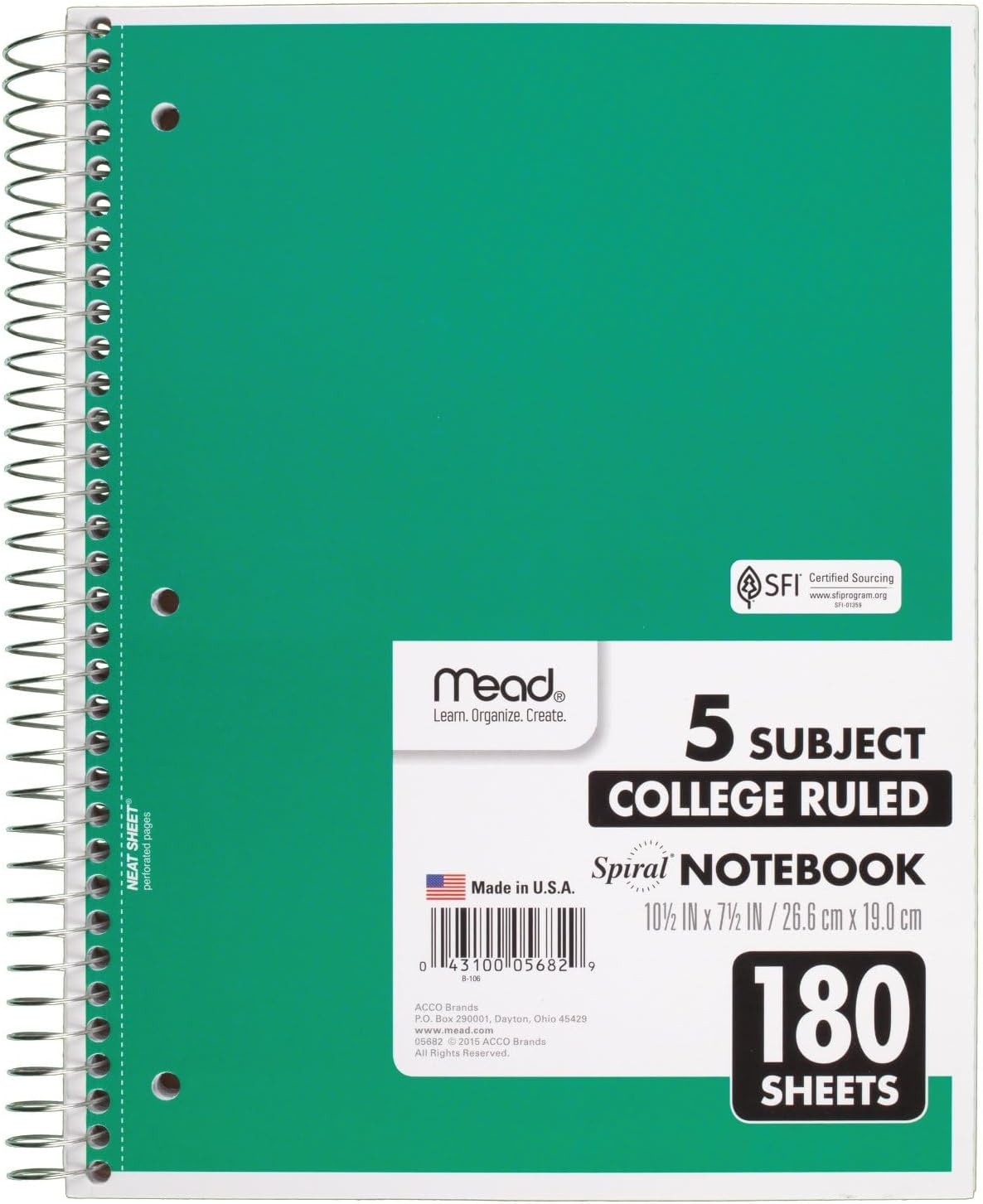 image:imageMead Spiral Notebook 5 Subject Wide Ruled Paper 712x 1012 180 Sheets Color Will Vary 93020525Pack of 1