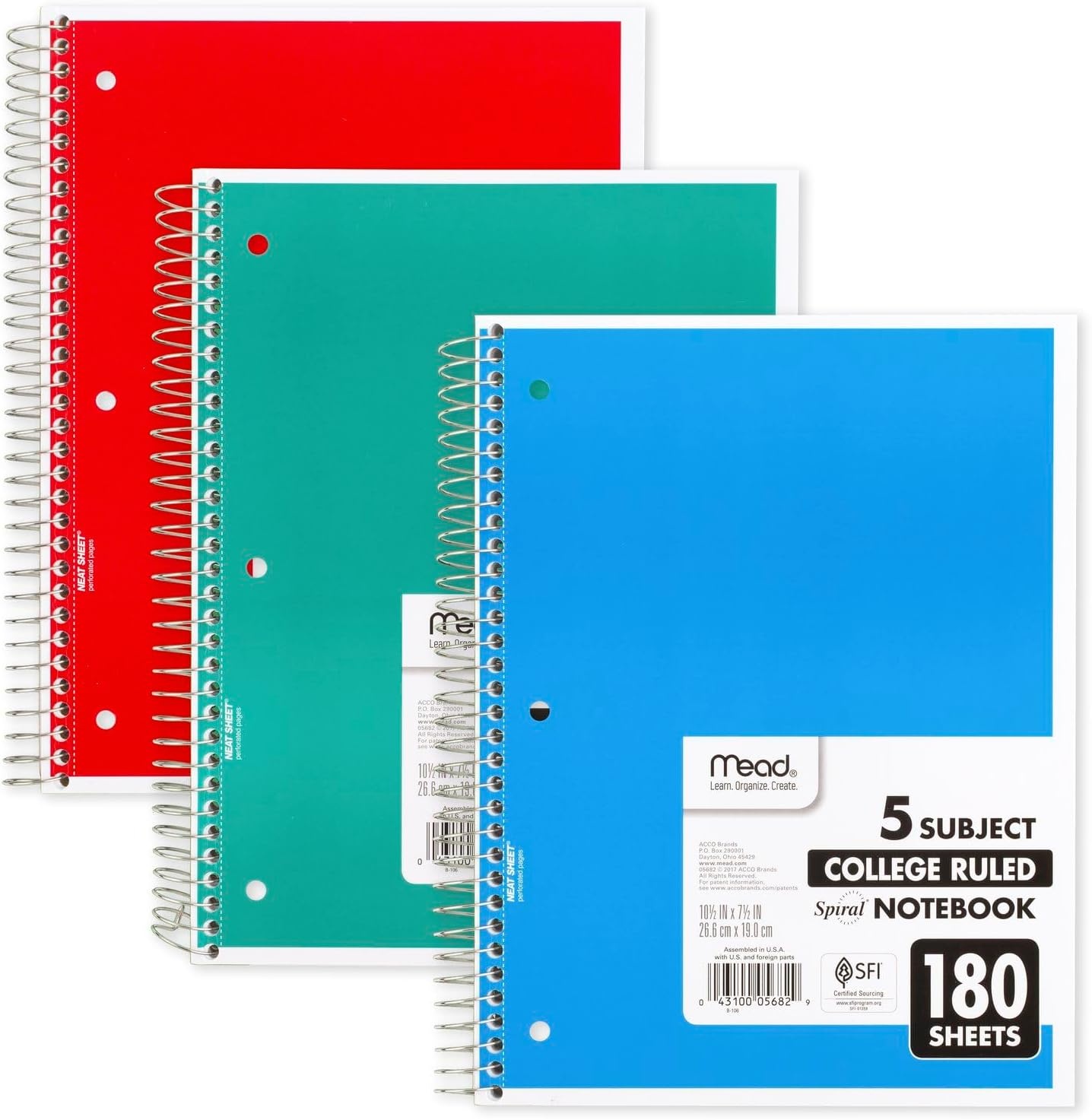 image:imageMead Spiral Notebook 5 Subject Wide Ruled Paper 712x 1012 180 Sheets Color Will Vary 93020525Pack of 1