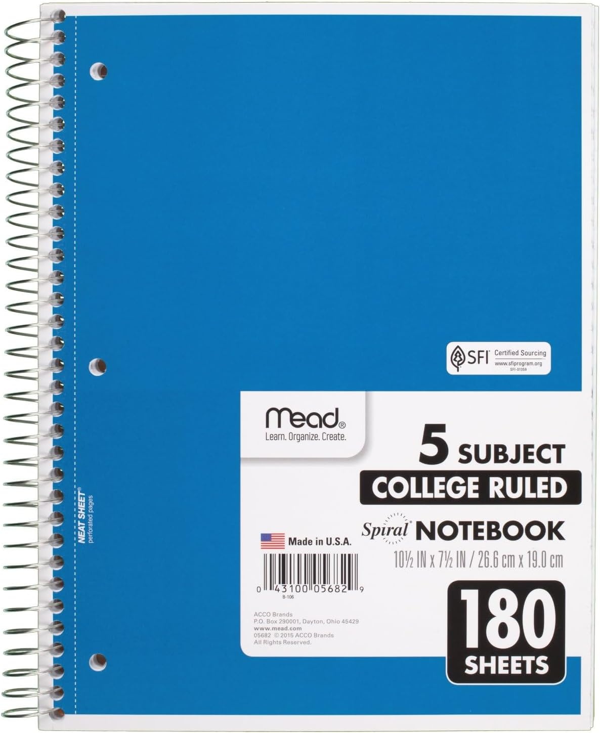 image:imageMead Spiral Notebook 5 Subject Wide Ruled Paper 712x 1012 180 Sheets Color Will Vary 93020525Pack of 1