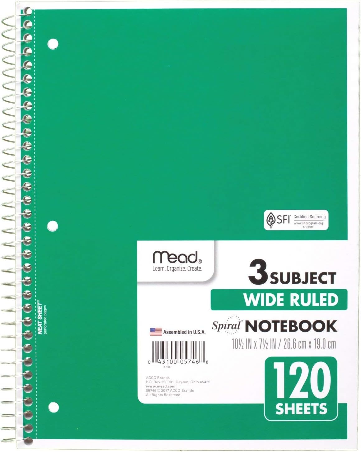 image:imageMead Spiral Notebook 5 Subject Wide Ruled Paper 712x 1012 180 Sheets Color Will Vary 93020525Pack of 1