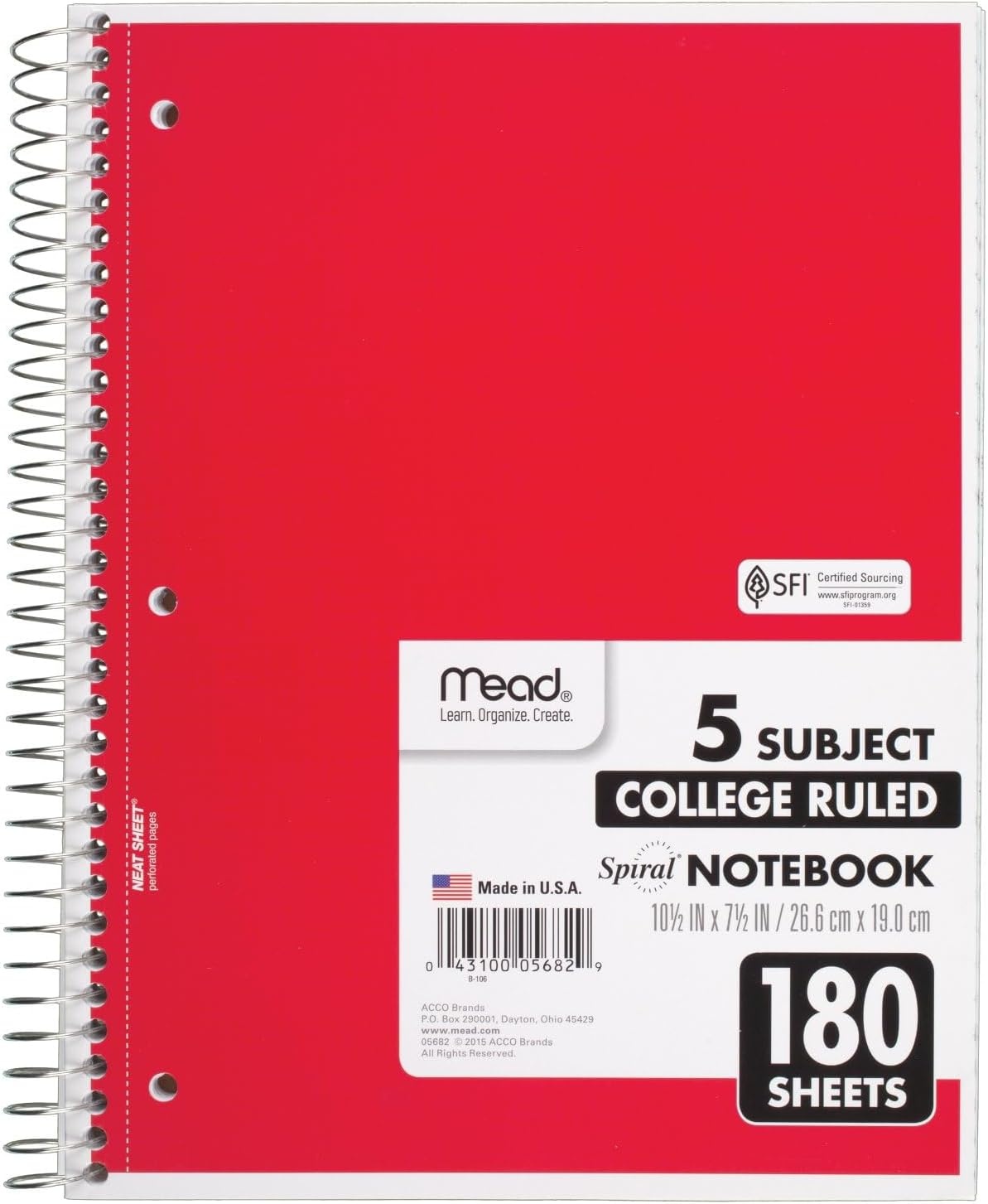image:imageMead Spiral Notebook 5 Subject Wide Ruled Paper 712x 1012 180 Sheets Color Will Vary 93020525Pack of 1