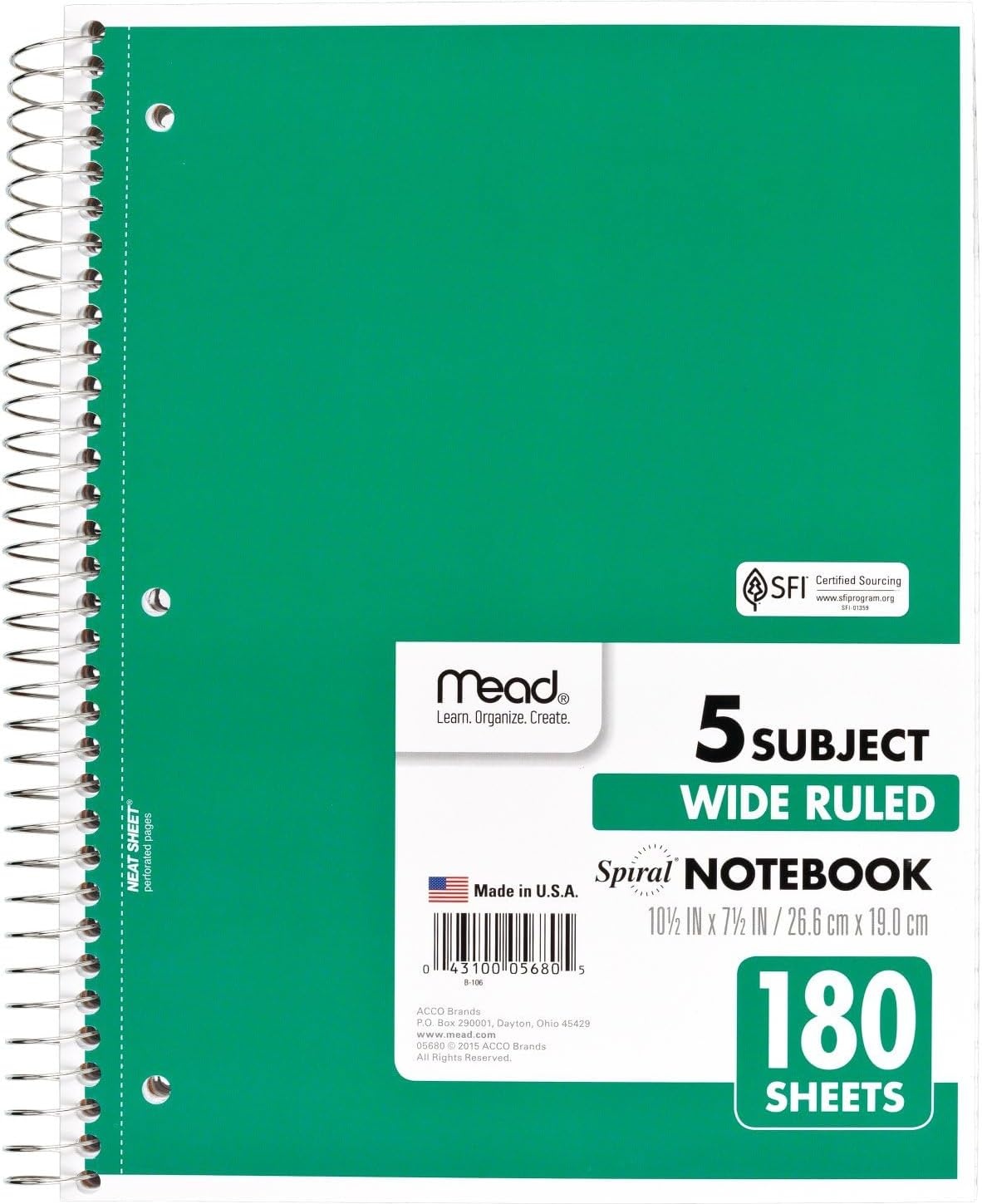 image:imageMead Spiral Notebook 5 Subject Wide Ruled Paper 712x 1012 180 Sheets Color Will Vary 93020525Pack of 1