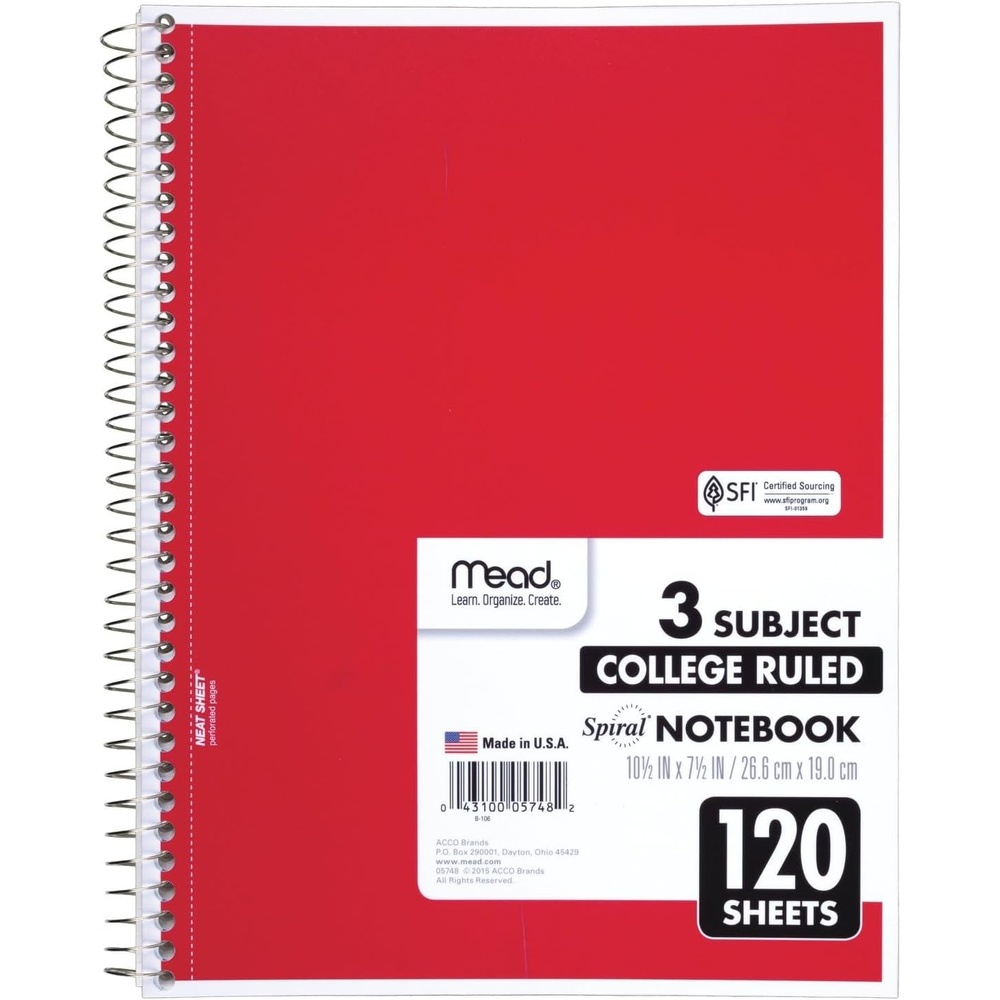 image:imageMead Spiral Notebook 5 Subject Wide Ruled Paper 712x 1012 180 Sheets Color Will Vary 93020525Pack of 1