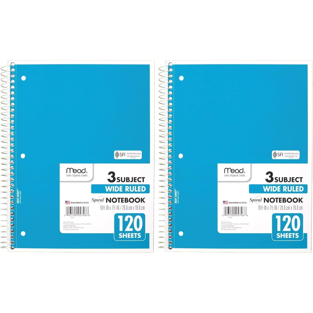 image:imageMead Spiral Notebook 5 Subject Wide Ruled Paper 712x 1012 180 Sheets Color Will Vary 93020525Pack of 2